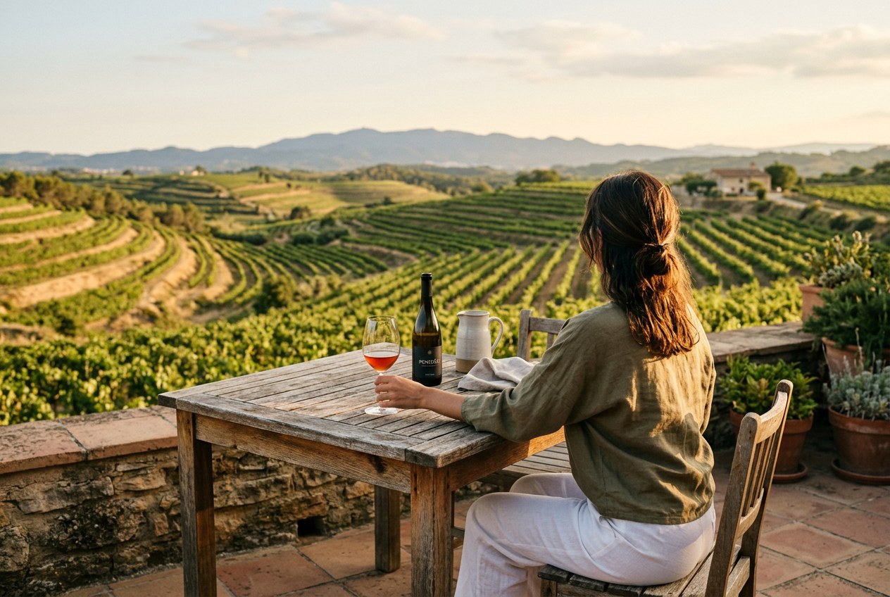 A guest looking out over the terraced Penedès vineyards with a glass of wine on the terrace in the golden afternoon light